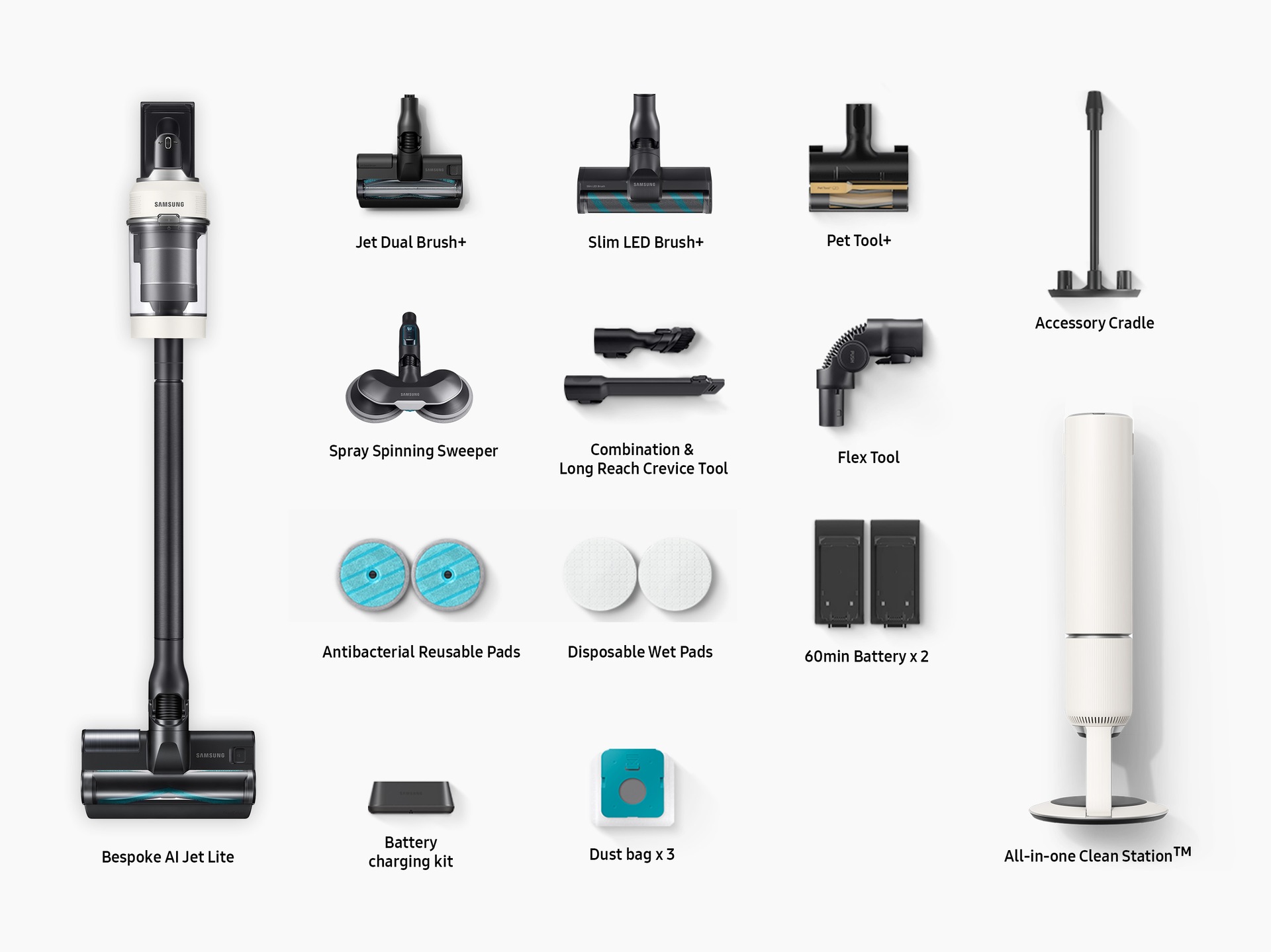 The components that come in the box include Bespoke Jet AI Lite Elite Extra, Jet Dual Brush+, Slim LED Brush+, Pet Tool+, Combiniation & Long Reach Crevice Tool, Flex Tool, Spray Spinning sweeper, Antibacterial Reusable Pads, Disposable Wet Pads, 60min Battery x 2, Battery charging kit, Dust bag x 3(1 installed, 2 extra), Accessory Cradle, All-in-one Clean Station.