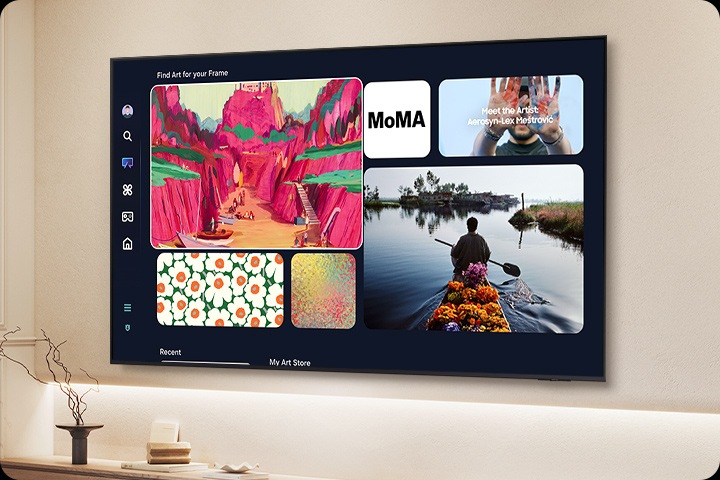 A TV screen displays the Samsung Art Store, which shows several different options for paintings.