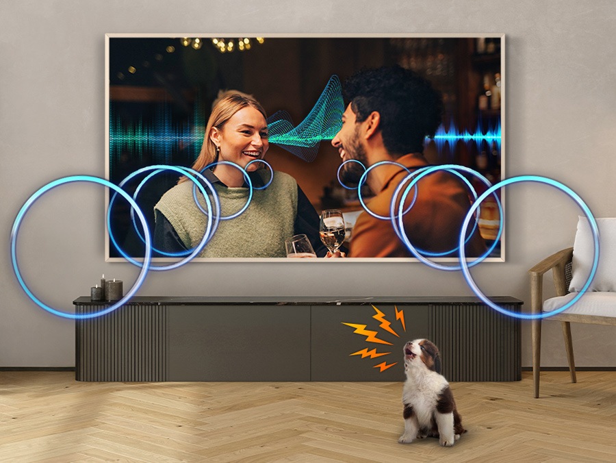 The volume of a TV dialogue increases to cover the sound of a puppy barking in a living room.