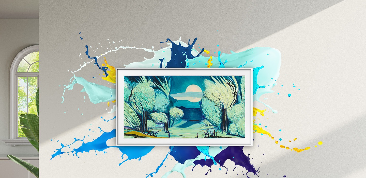 The Frame TV displaying an artwork hangs on a wall with paint in various colours splashed in the background.