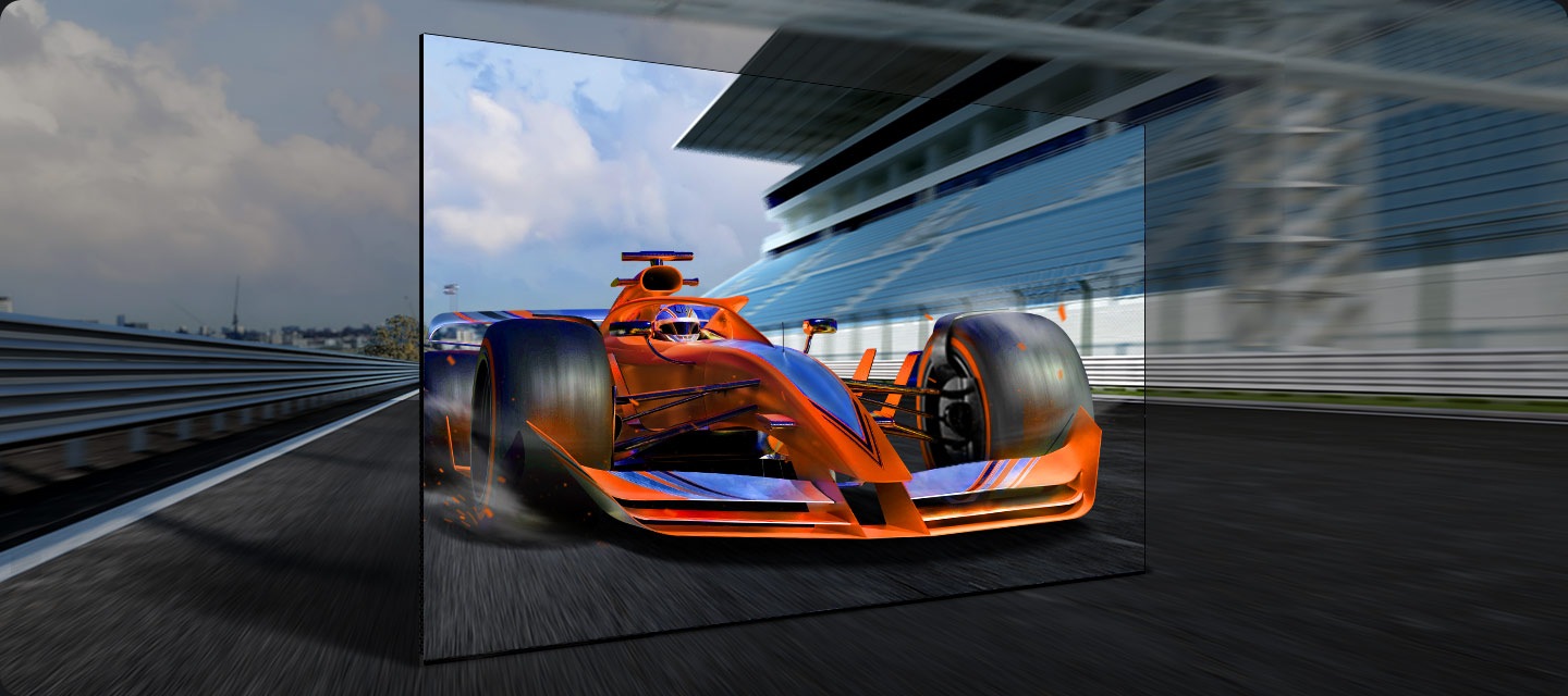 A racecar speeds forward, with Motion Xcelerator technology clearing up the part of the screen it's on.