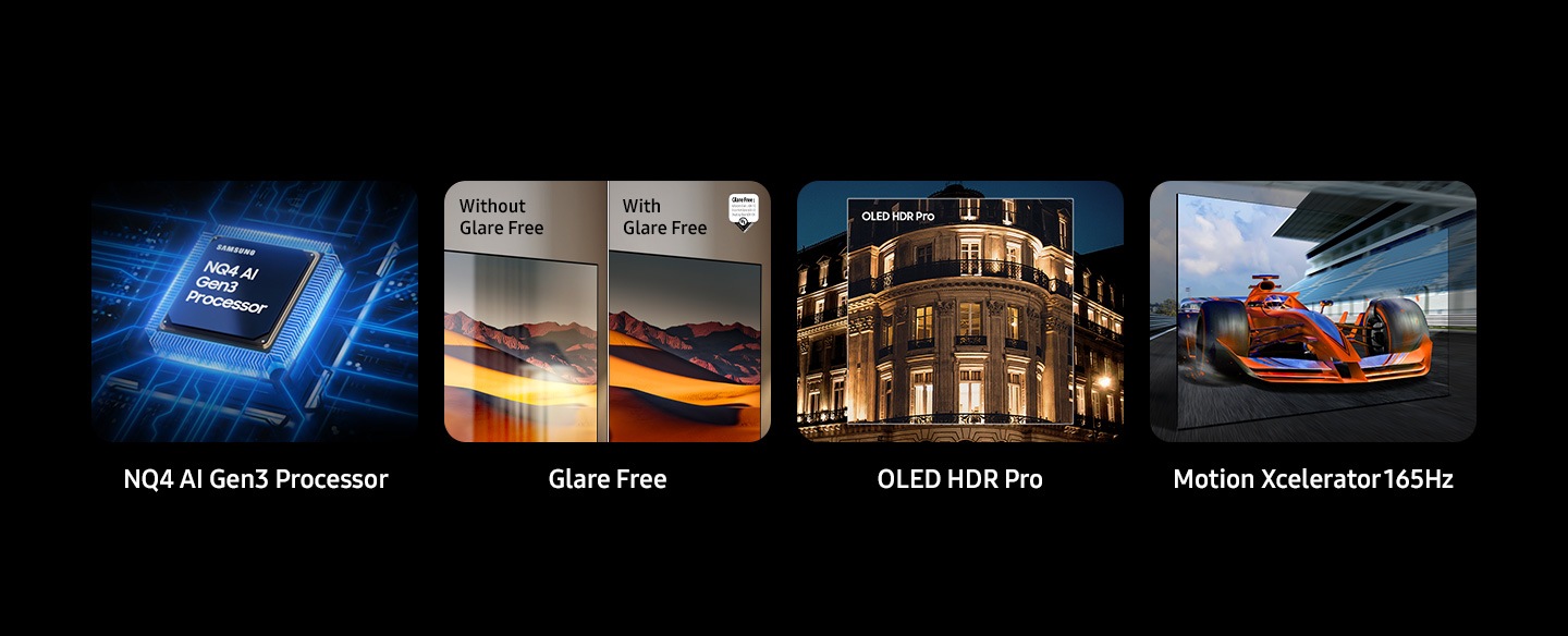 Samsung NQ4 AI Gen3 Processor. Glare Free shows screens with Without Glare Free and With Glare Free. UL Verified Logo. Glare Free: Reflection Glare UGR < 10, Discomfort Glare < UGR 22, Disability Glare < 34. verifyUL.com®. V166045. OLED HDR Pro. Motion Xcelerator 165Hz.