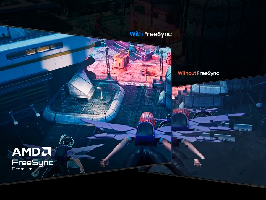 With FreeSync, the fantasy game on screen is clearly shown. Without FreeSync, the screen is torn. AMD FreeSync Premium.