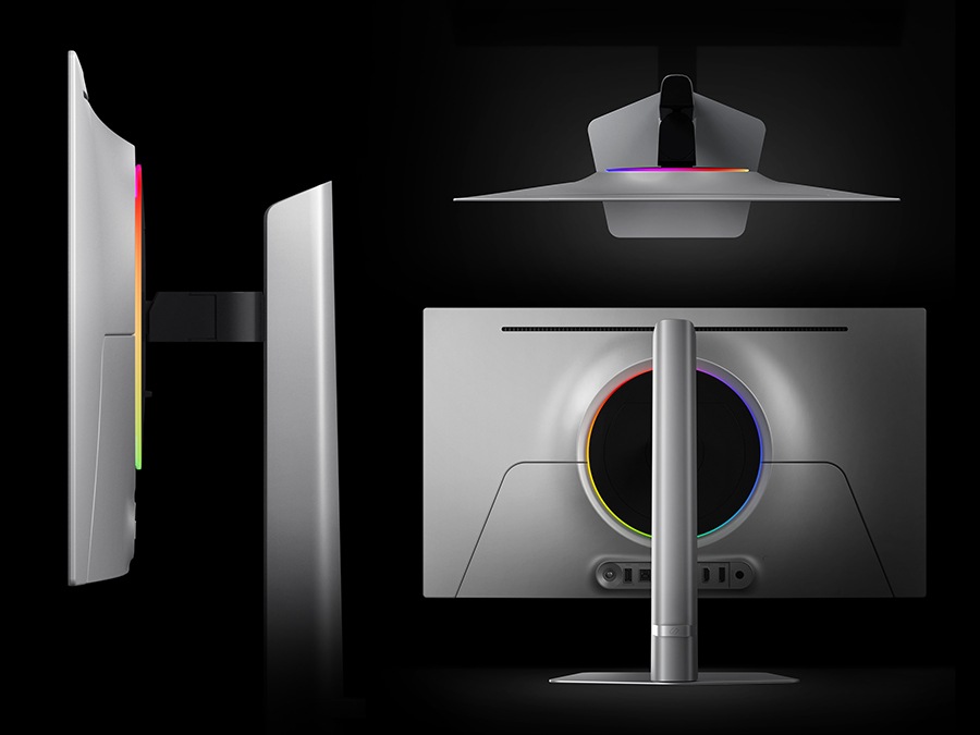A side view of a detached monitor and stand, a bird's-eye view of the monitor and a full view of the back panel.