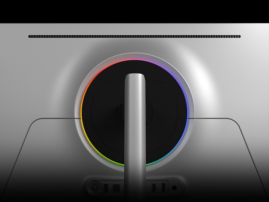 The back panel of a monitor has a circle in the center showing different colors. The colors circulate multiple times.