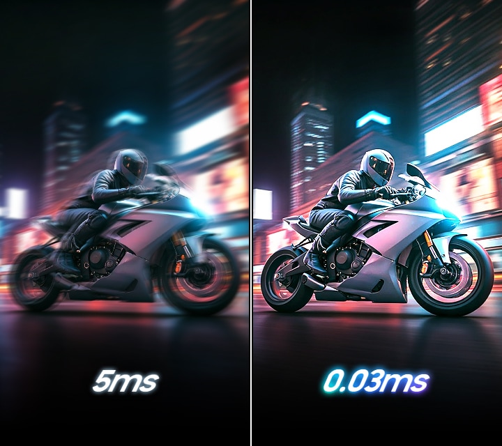 A scene of a man riding a motorcycle is clearer with 0.03ms than 5ms.