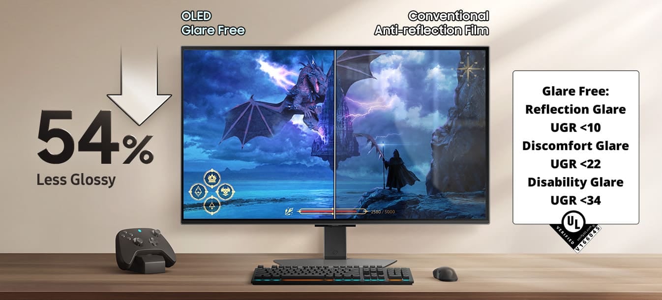 Monitor with gaming setup. Reflections can be seen on gaming scene with Glossy Display. OLED Glare Free shows clear image. Glare Free: Reflection Glare UGR <10, Discomfort Glare UGR <22, Disability Glare UGR <34.