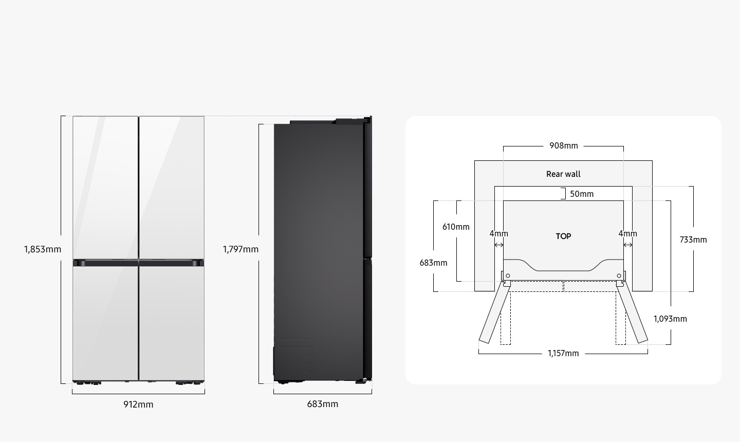Size measurements: Height 73 inches(1,853mm), width 35 7/8 inches(912mm), height without hinge 70 3/4 inches(1,797mm), depth 27 inches(683mm). Detailed sizes for installation are explained in the following TOP view. Depth with doors open at 90º 43 inches(1,093mm), depth without doors 24 inches(610mm), depth with doors 7 inches(683mm), install depth 28 7/8 inches(733mm), width 35 3/4 inches(908mm), width with doors open 45 1/2 inches(1,157mm), distance from the side wall 5/32 inches(4mm), distance from the rear wall 2 inches(50mm).
