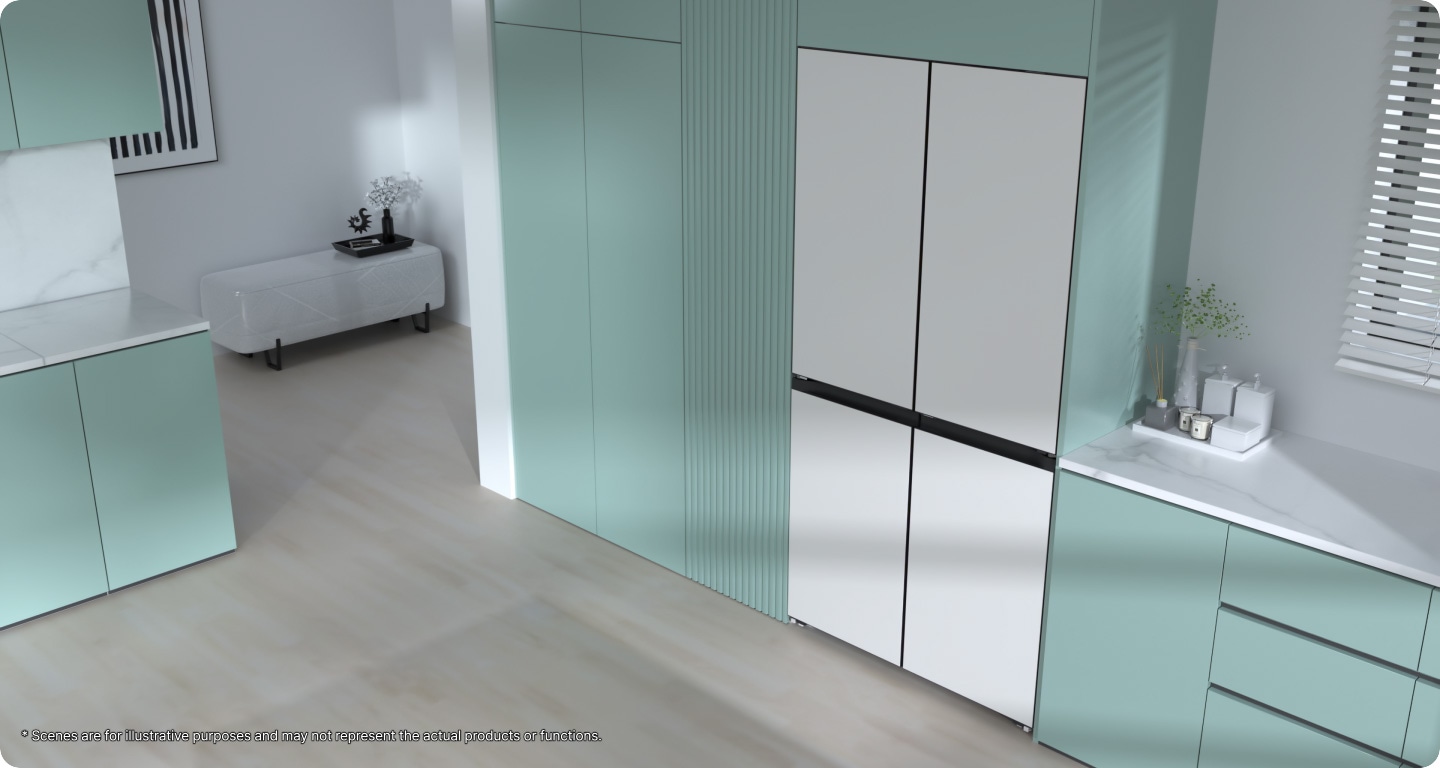A white Family Hub refrigerator slides into its space in a mint colored kitchen. A closeup of the upper left corner demonstrates the upper gap narrowing from 47 millimeters to 20, and a side gap narrowing from 12 millimeters to 4. The text with 4 millimeter gap, fits closely in your kitchen appears. The upper left door and the lower compartment open consecutively. A disclaimer at bottom left indicates scenes are for illustrative purposes and may not represent the actual products or functions.
