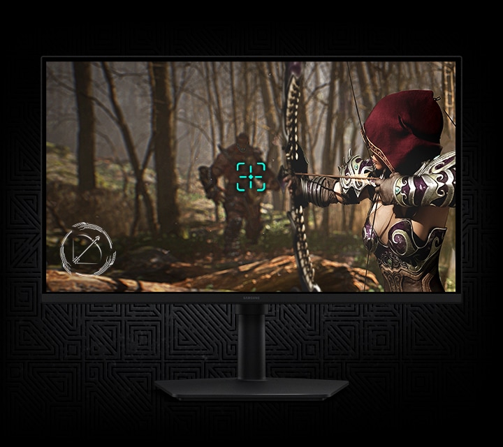 A monitor screen shows an archer aiming at an enemy.