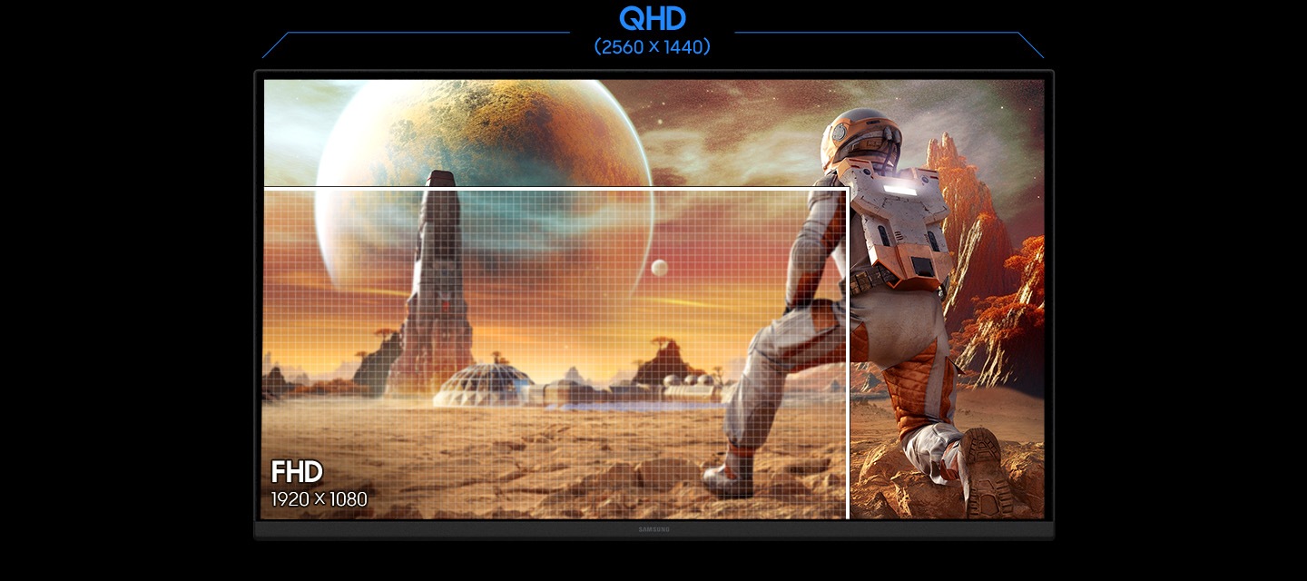 QHD resolution (2560 X 1440) shows a character watching a building from afar, and FHD resolution (1920 X 1080) shows only a part of the character.