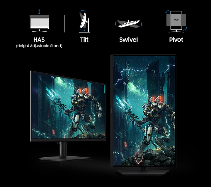 A horizontal and a vertical screen show the character in full. HAS (Height Adjustable Stand), Tilt, Swivel, and Pivot icons.