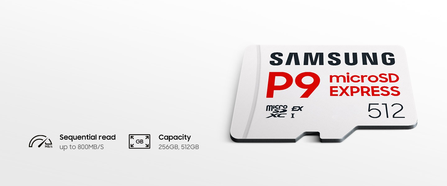 The microSD Express Card P9 Express lies flat on a white background. A speed gauge icon is next to the words "Sequential read" //and "up to 800MB/s." A square icon is next to the words "Capacity" and "256GB, 512GB."