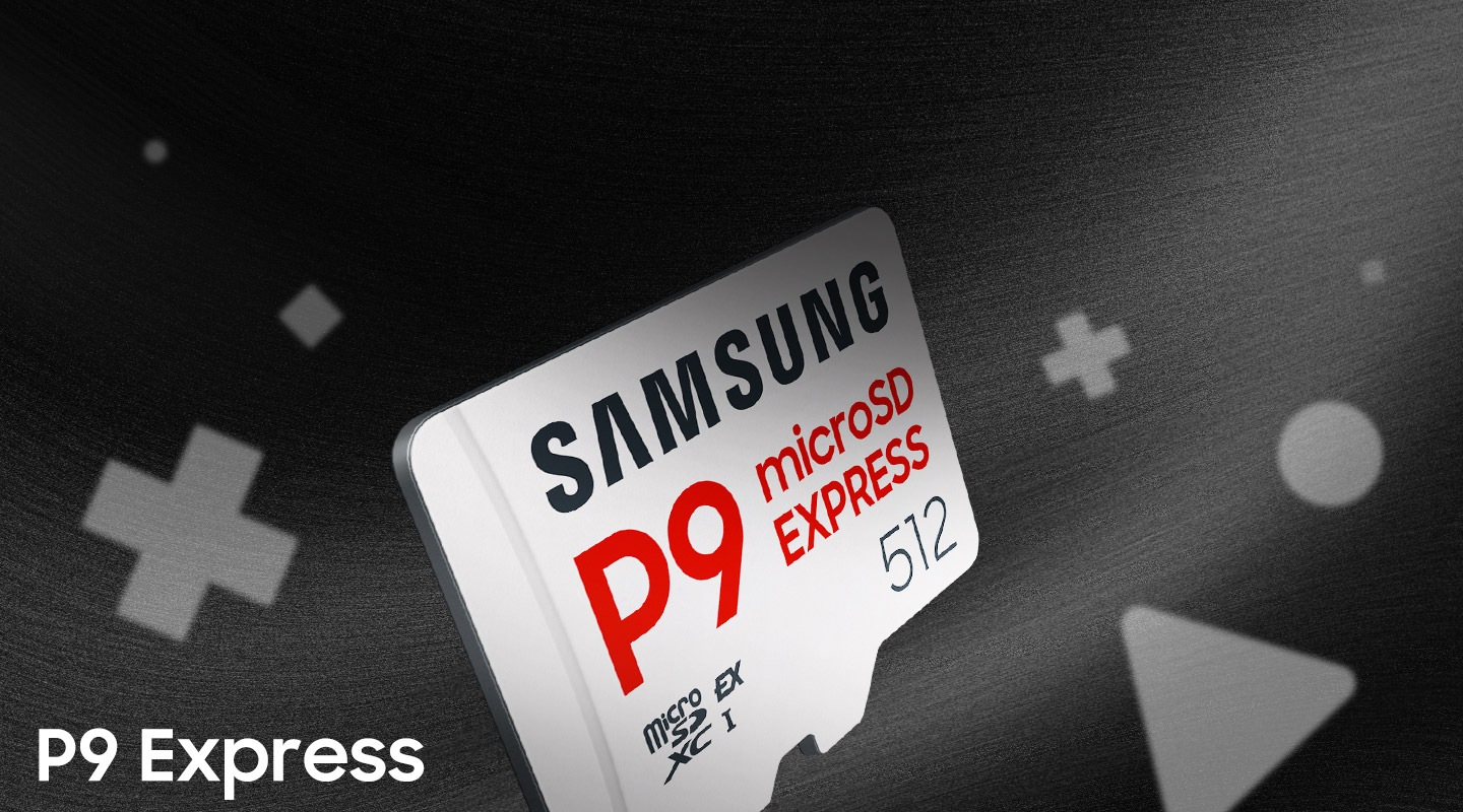 The microSD Express Card P9 Express appears to be floating over a black background, angled towards the screen. The action button icons are visible behind in black and white. The bottom left corner reads P9 Express.