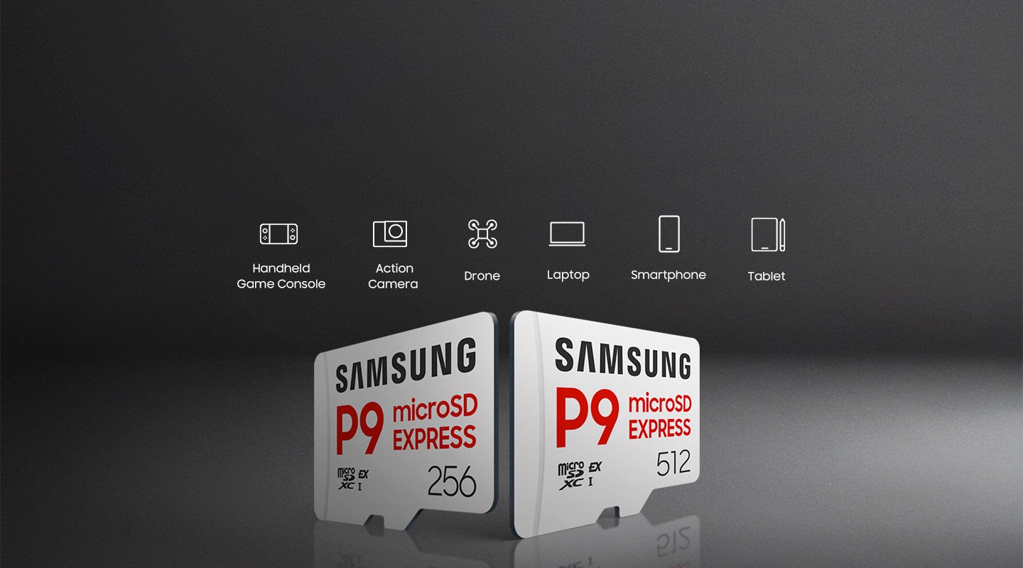 Two microSD Express Card P9 Express on a gray background. One is 256GB, the other is 512GB. Above the cards are six icons that read: Handheld Game Console, Action Camera, Drone, Laptop, Smartphone, Tablet.