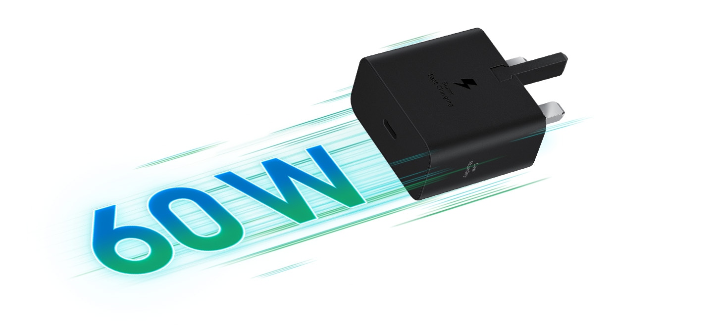 A black 60 W Power Adapter is lying sideways as if moving forward with green streaks behind it and text '60 W'. Text on the Power Adapter reads 'Super Fast Charging' and 'Low Standby'.