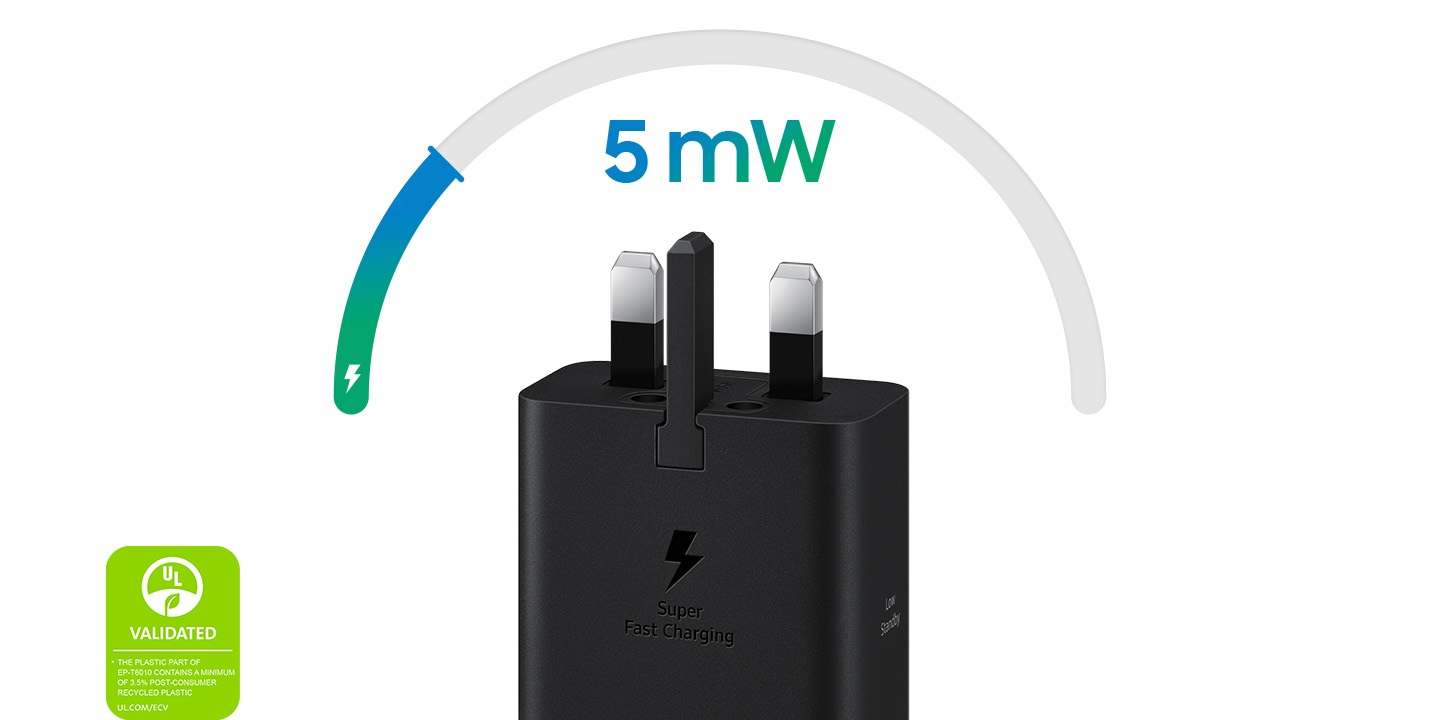 A black 60 W Power Adapter is placed facing upwards with text on the Power Adapter 'Low Standby' and text above '5 mW'. On the left, a UL Environmental Claim Validation Mark is shown that reads ‘VALIDATED. THE PLASTIC PART OF EP-T6010 CONTAINS A MINIMUM OF 3.5% POST-CONSUMER RECYCLED PLASTIC. UL.COM/ECV'.