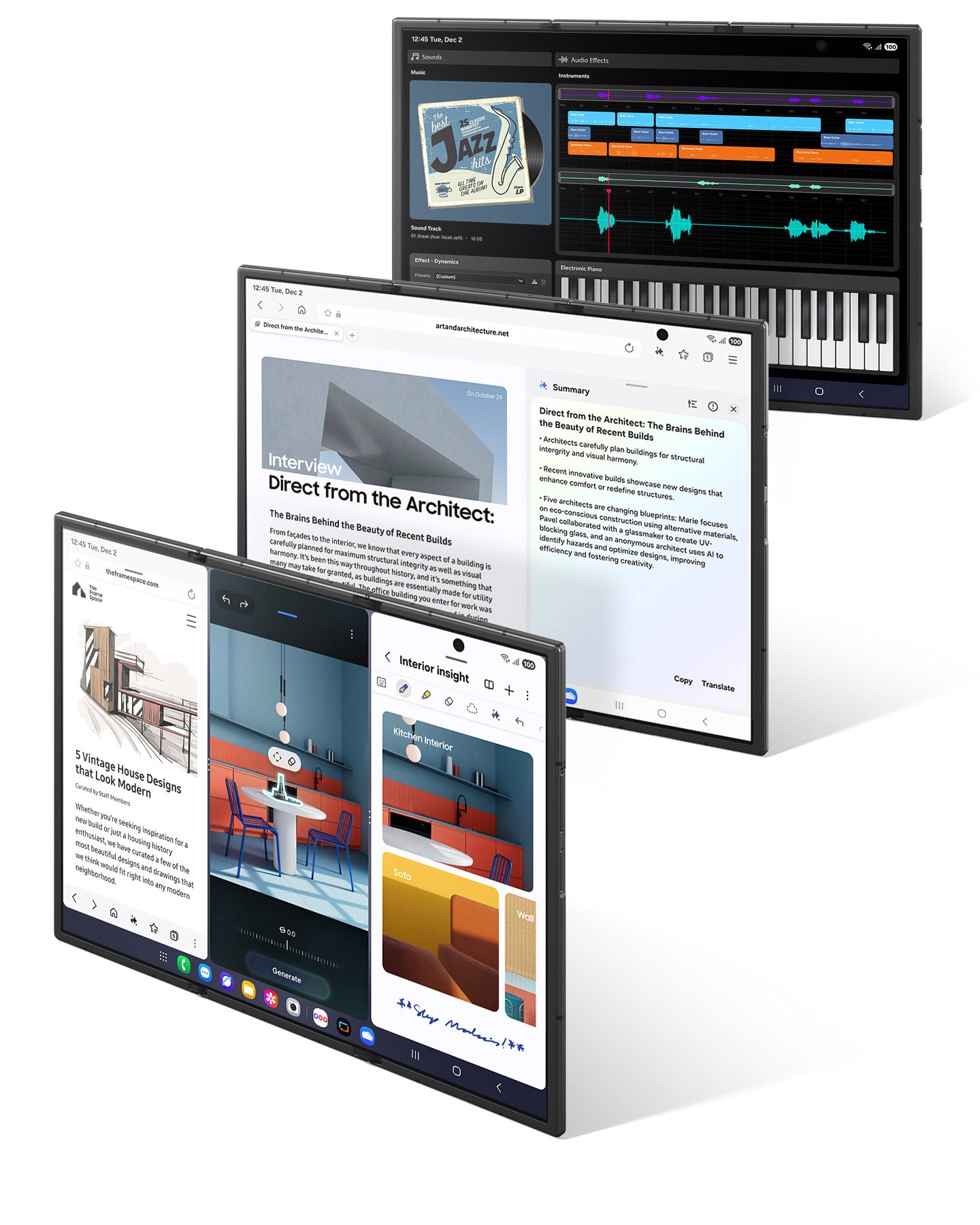 Three, unfolded Galaxy Z TriFold devices, upright showing the main screens. First, three apps open side-by-side. Next, a split screen view with two apps open side-by-side. Last, a music mixing app active on the main screen.