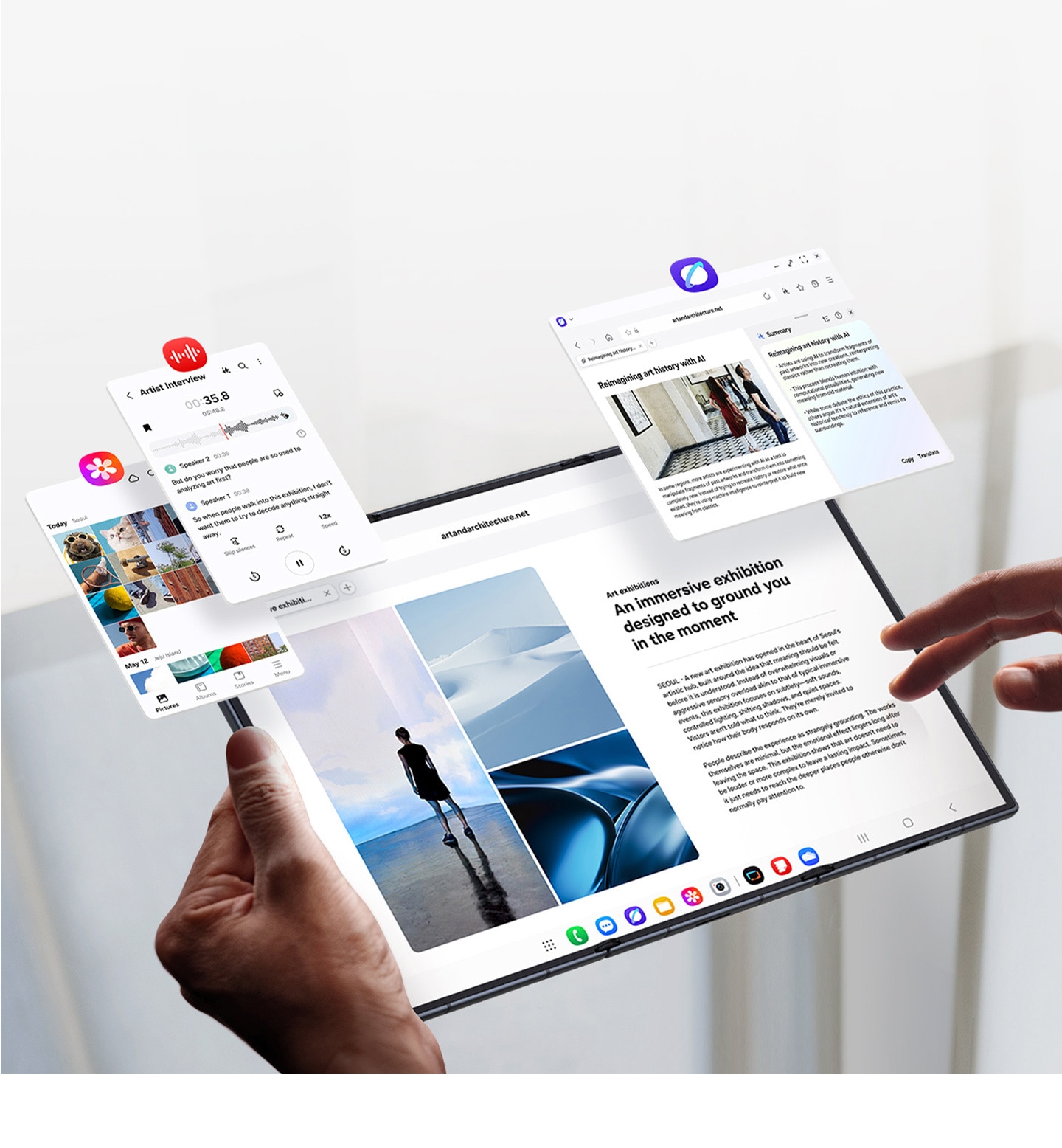 A hand holds unfolded Galaxy Z TriFold with an article on the main screen. The device is flanked by Gallery, Transcript Assist and Browsing Assist, all of which are active.