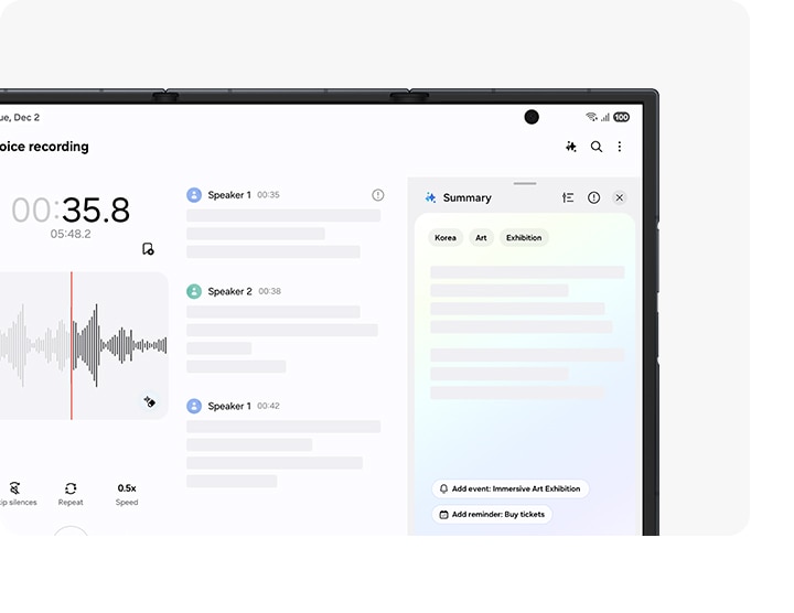 The main screen of Galaxy Z TriFold is seen and Transcript Assist is active. Galaxy AI has summarized a recording, pulled relevant keywords and is making schedule suggestions based on the contents.