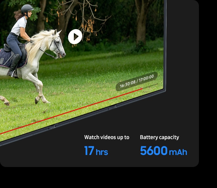 A closeup of the corner of Galaxy Z TriFold's main screen displaying a video. The video is 17 hours long, demonstrating Galaxy Z TriFold's long battery life. Watch videos up to 17 hours. Battery capacity 5600 milliampere hours.