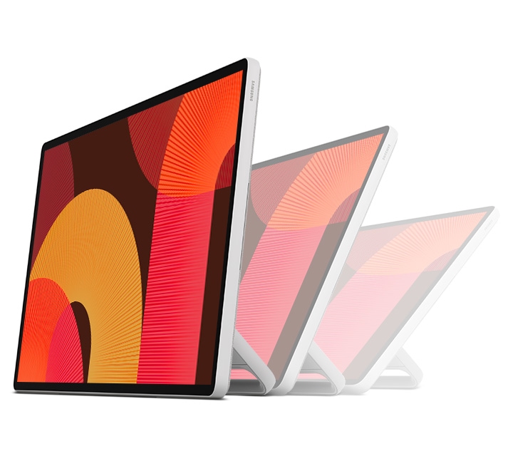 The Movingstyle placed on flat surface with the Integrated Kick-stand. Previews show the angle can be adjusted for comfort.