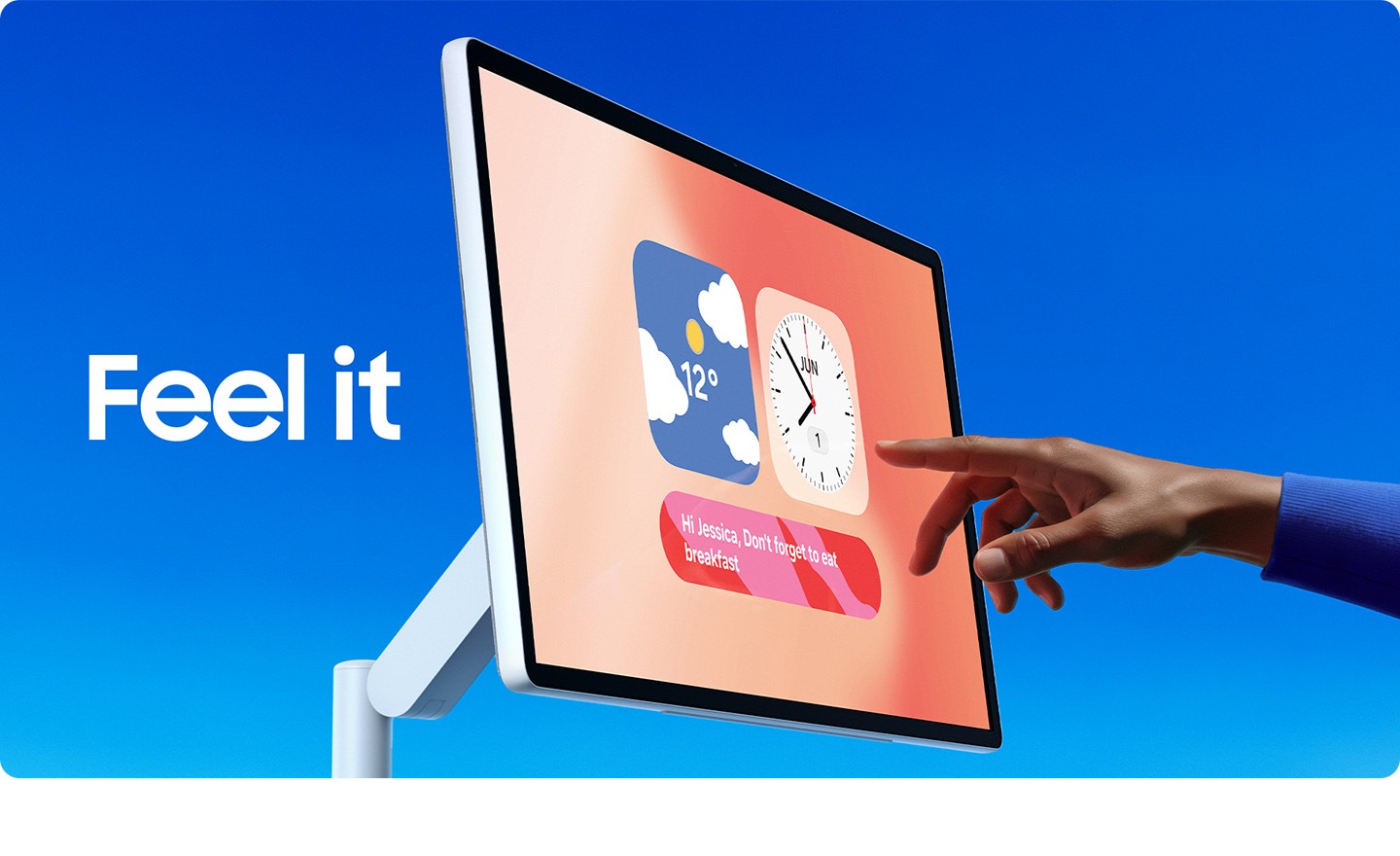 Person interacts with The Movingstyle placed on a flat surface with the integrated kick-stand. Feel it.