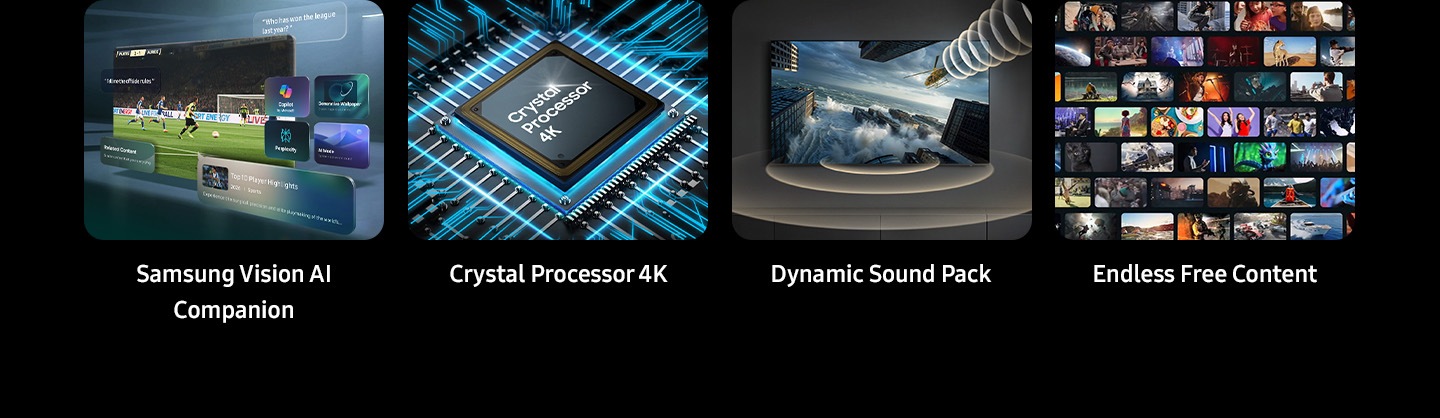 A feature overview, highlighting Samsung Vision AI Companion, Crystal Processor 4K, Dynamic Sound Pack and Endless Free Content.