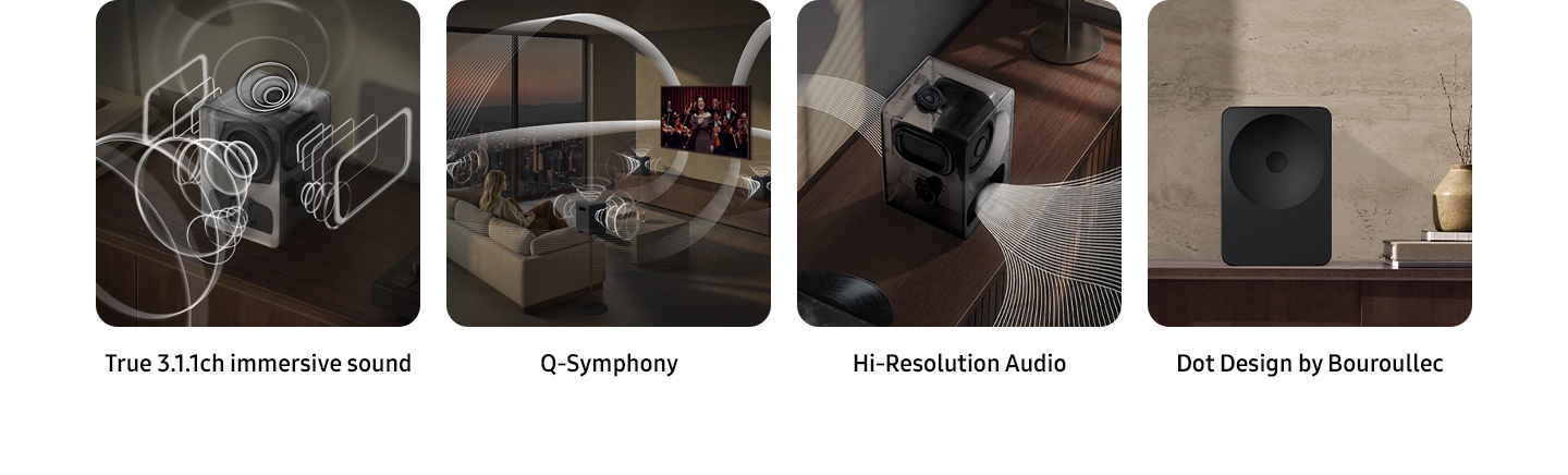 Four key feature images of Music Studio 7 speaker, including True 3.1.1ch immersive sound, Q-Symphony, Hi-Resolution Audio and Dot Design by Bouroullec.