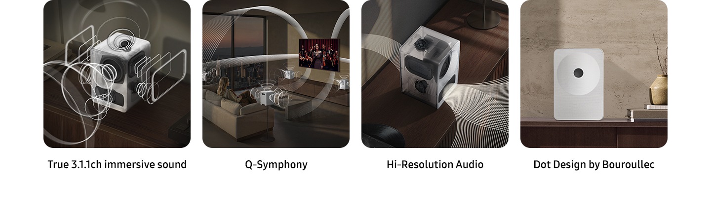 Four key feature images of Music Studio 7 speaker, including True 3.1.1ch immersive sound, Q-Symphony, Hi-Resolution Audio and Dot Design by Bouroullec.