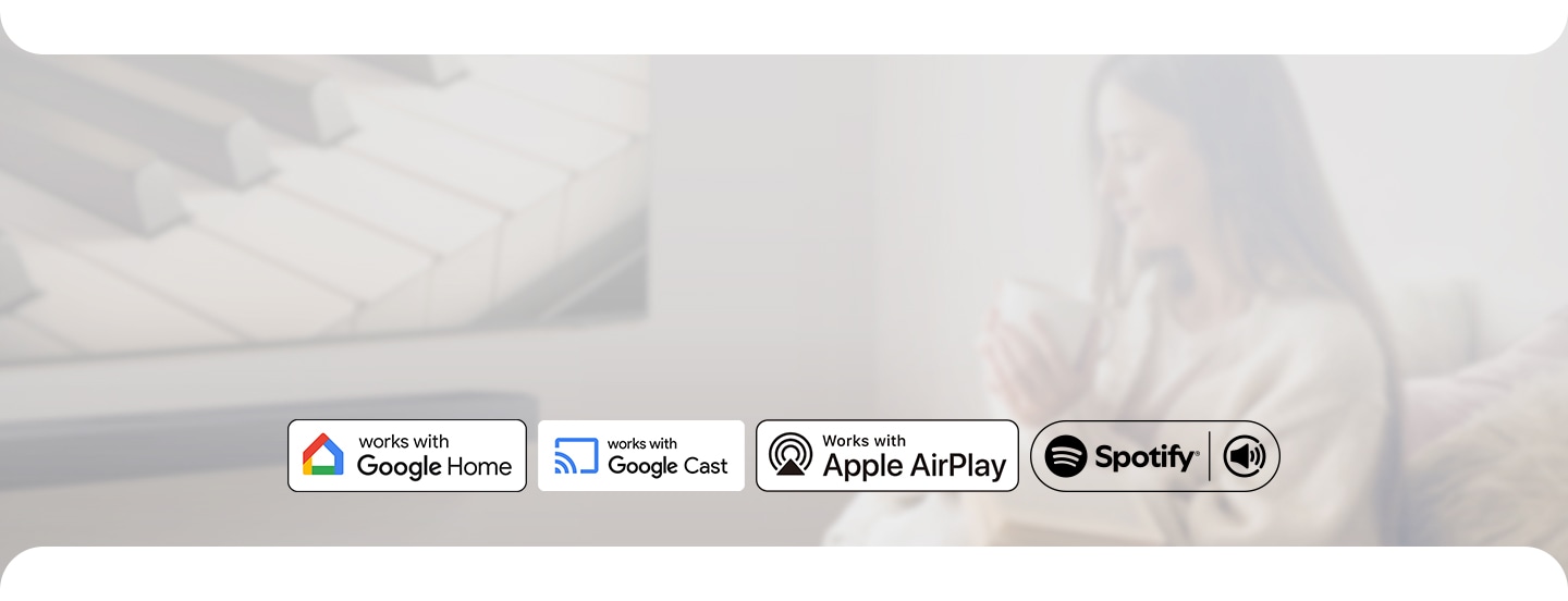 Works with Google Home, Works with Google Cast™, Works with Apple AirPlay and Spotify logos on background.