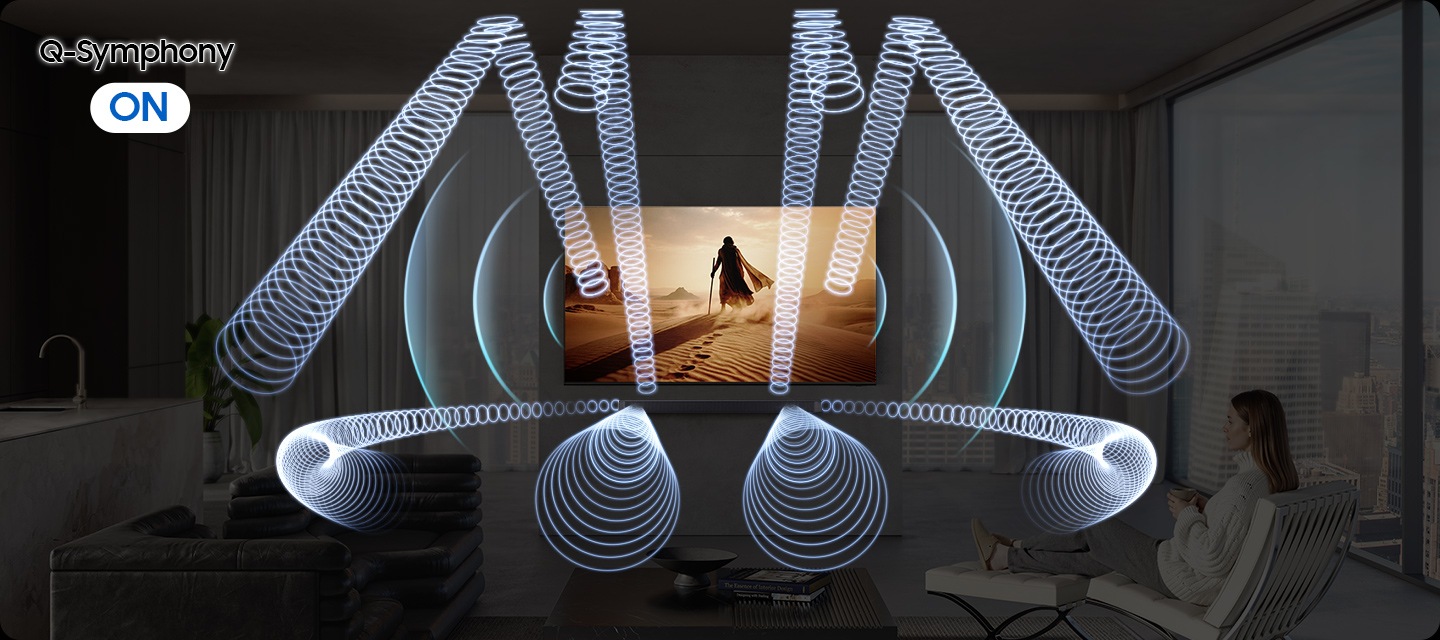 Woman watches cinematic scene on TV in living room with a soundbar. With Q-Symphony OFF sound waves emanate from the soundbar in different directions. With Q-Symphony ON, sound waves also emanate from the TV, indicating that soundbar and TV play sound together.