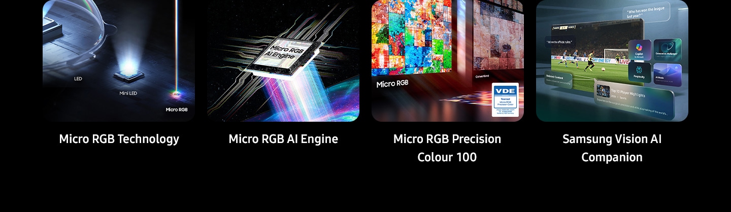 Key features at a glance shown as Micro RGB Technology with LED, Mini LED and Micro RGB. Micro RGB AI Engine Pro. Micro RGB Precision Color 100 compared to conventional screen with VDE logo (07/2025 Tested Micro RGB Precision Color, www.VDEinfo.com, ID. 40060498, Tested by VDE Germany). Samsung TV playing football scene. Around it, examples of what Vision AI Companion can do including icons for Copilot by Microsoft, Generative Wallpaper, Perplexity and AI Mode, user questions, and suggestions for Related Content and Top 10 Player Highlights.