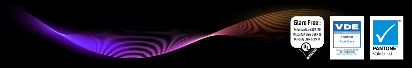 Flowing purple-to-orange light waves on a black background, presenting Glare Free with Real Color and Real Black. Glare Free, VDE Tested, and Pantone Validated certification logos. Glare Free: Reflection Glare UGR<10, Discomfort Glare UGR<22, Disability Glare UGR<34 UL verified V166045 UGR<10 logo. VDE 01/2026 Tested Real Black logo. www.VDEinfo.com, ID. 40060582, Tested by VDE Germany. Pantone™ Validated logo.