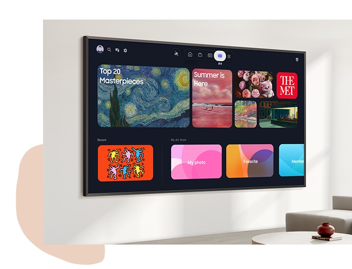 The Frame TV shows the Art Home interface, displaying curated collections, themed artwork groups, and personalized art playlists.