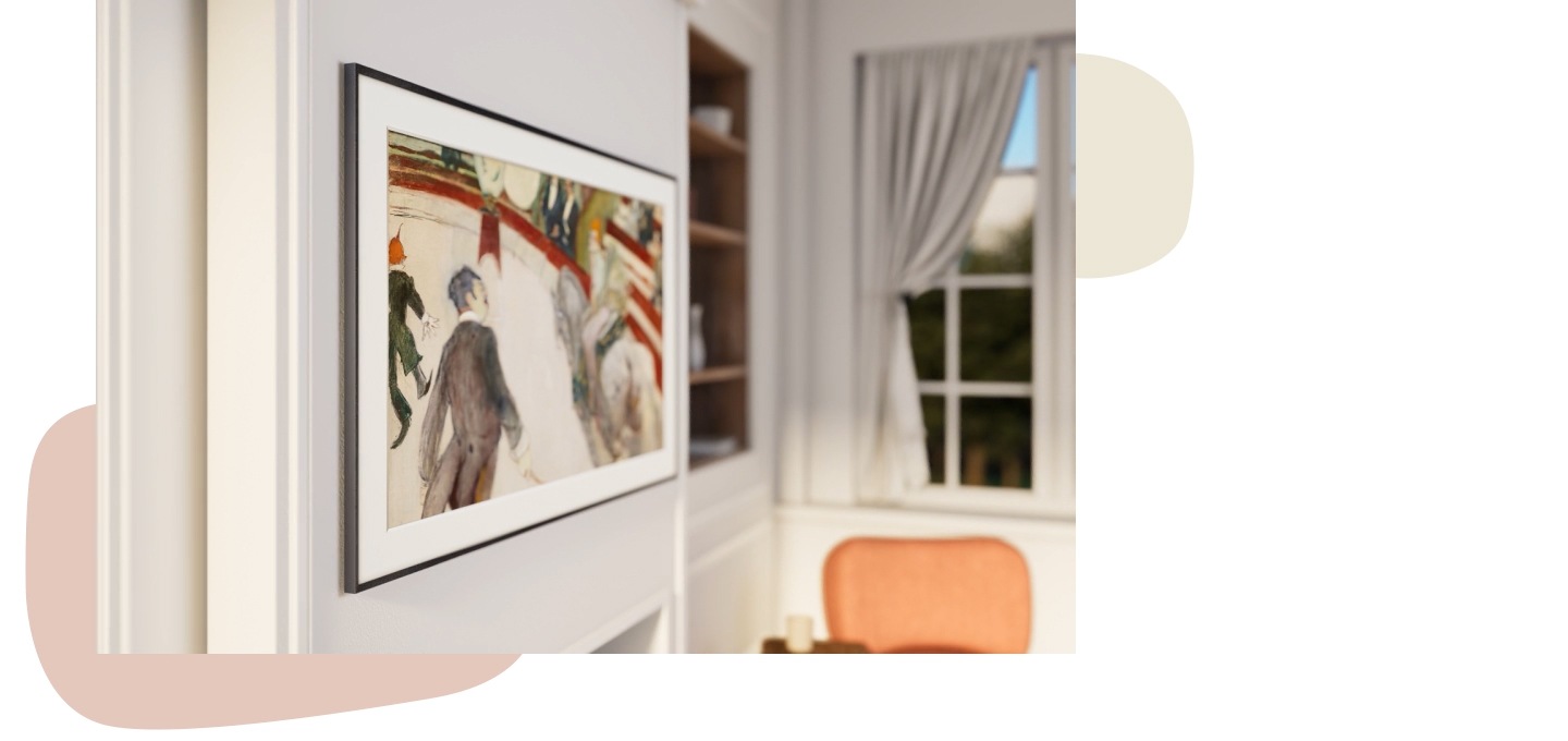 Perspective view of The Frame TV displaying a traditional painting while floating in the air. The Frame then mounts flush to the wall by itself. The angle pivots to a full front view, showcasing The Frame hanging like a masterpiece in an elegant, minimalist living room.