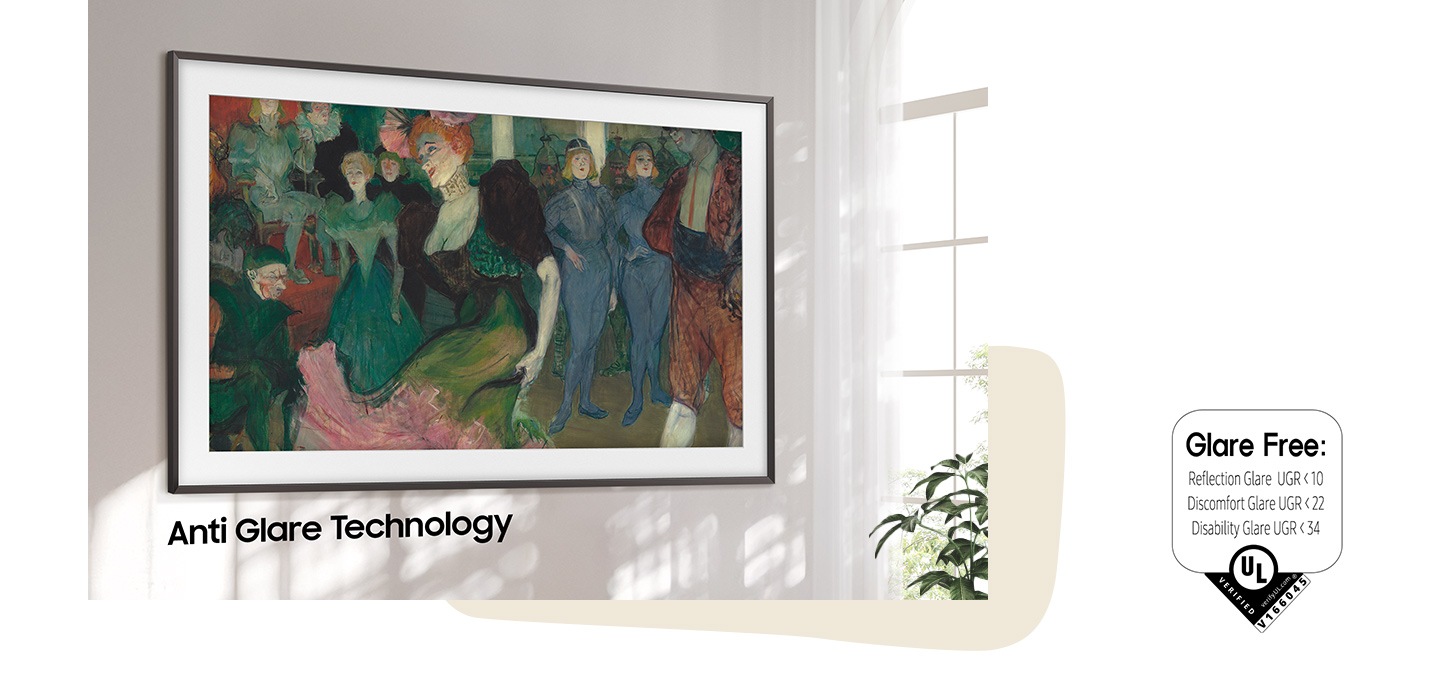 The Frame TV is turned off, its screen reflecting the room’s lighting. The TV turns on to display a classic artwork as a vertical white line sweeps from left to right, wiping away the visible glare on the screen. Once the reflection disappears, the words ‘Anti-Glare Technology’ appear. UL Verified Glare Free logo. Reflection Glare UGR <10, Discomfort Glare UGR <22, Disability Glare UGR < 34, V166045