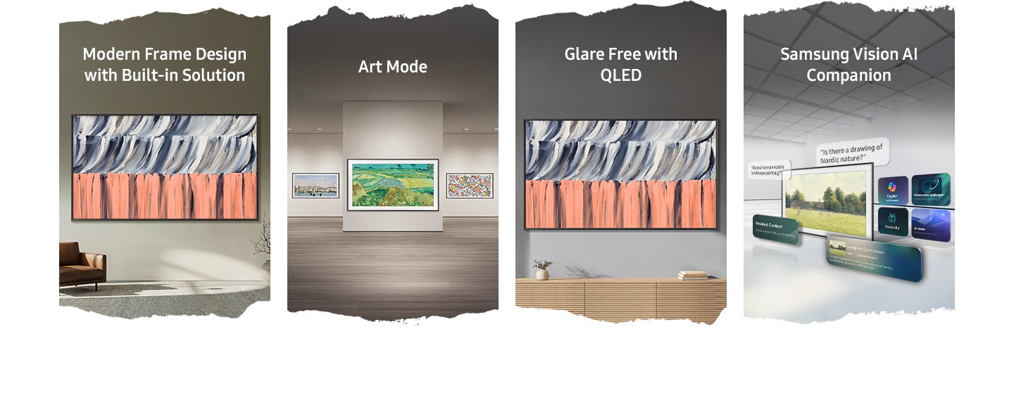 Top four features of The Frame TV, including Modern Frame Design with  with Built-in Solution, Art Mode, Glare Free with QLED and Samsung Vision AI Companion.