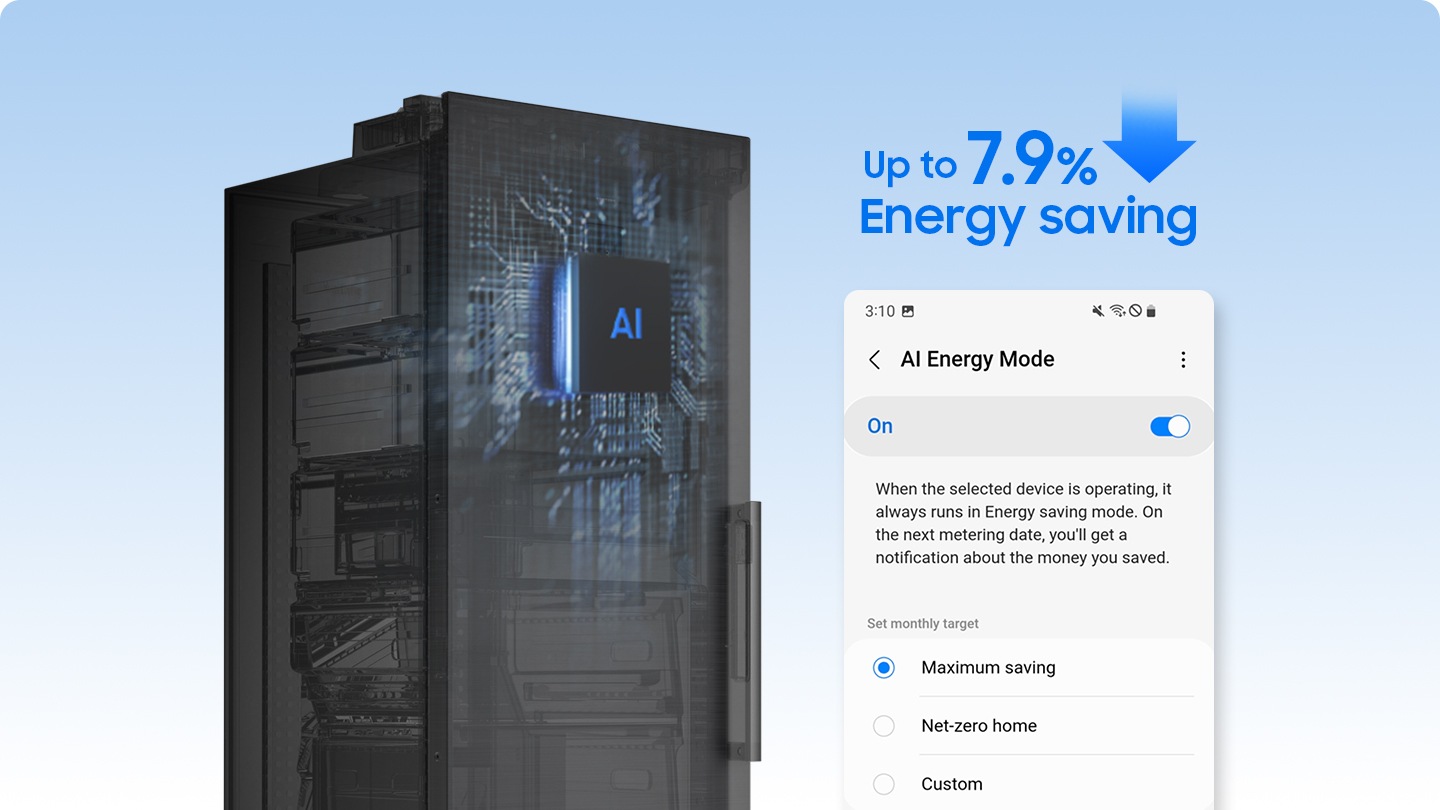 A transparent refrigerator is shown with an AI chip attached.On the SmartThings app screen, AI Energy Mode is turned ON, and AI Energy Mode saves up to 7.9% of energy.