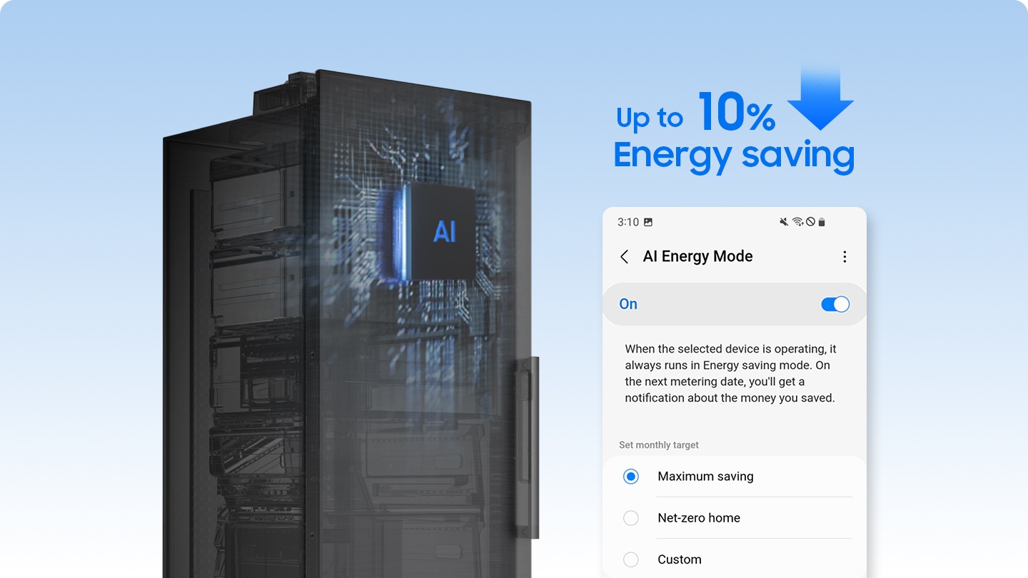 A transparent refrigerator is shown with an AI chip attached.On the SmartThings app screen, AI Energy Mode is turned ON, and AI Energy Mode saves up to 10% of energy.