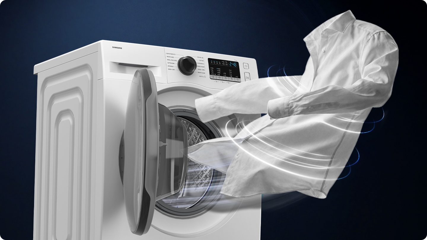 The door of the washing machine is open and air stream is surrounding shirts. Laundry is refreshed with heated air using Air Wash technology.