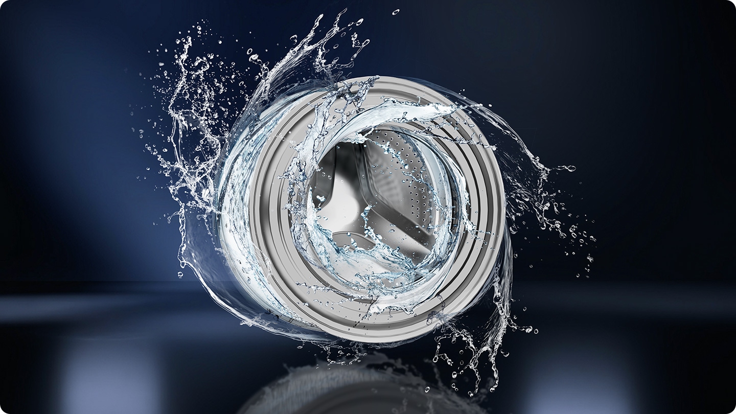 The washer drum is surrounded by clean water and water jets are cleaning the inside.
