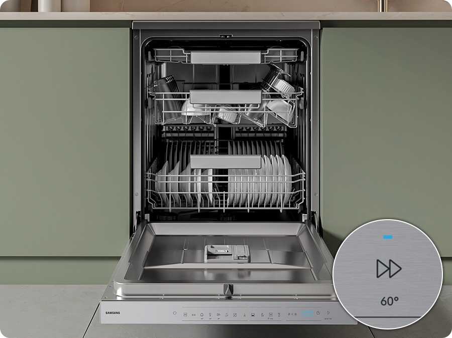 Dishwasher door open, showing neatly arranged, freshly cleaned plates inside. A close-up of the control panel shows the “Express Cycle” option selected on the display.