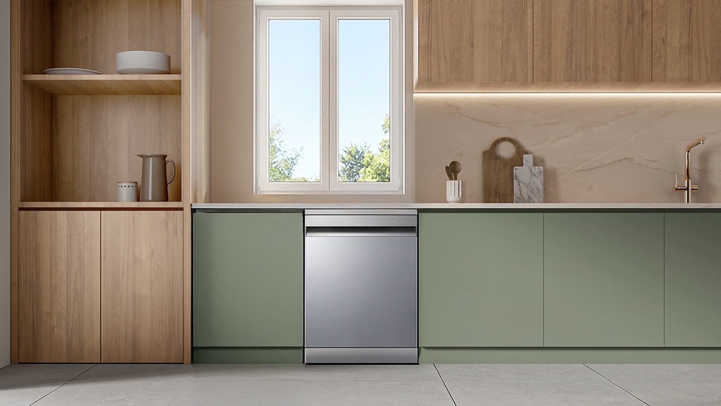 The dishwasher is installed in a modern kitchen.