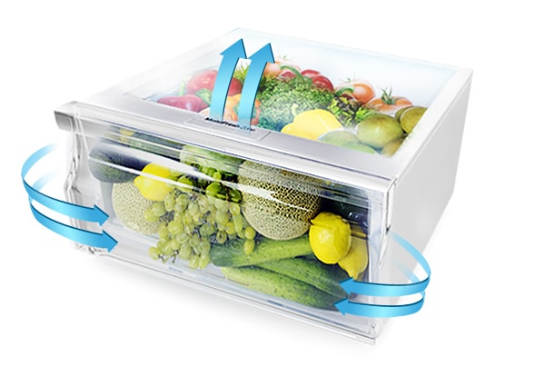 Samsung Digital Inverter Top Freezer Fridge – an image of Samsung’s Moist Fresh Zone that keeps food fresher longer