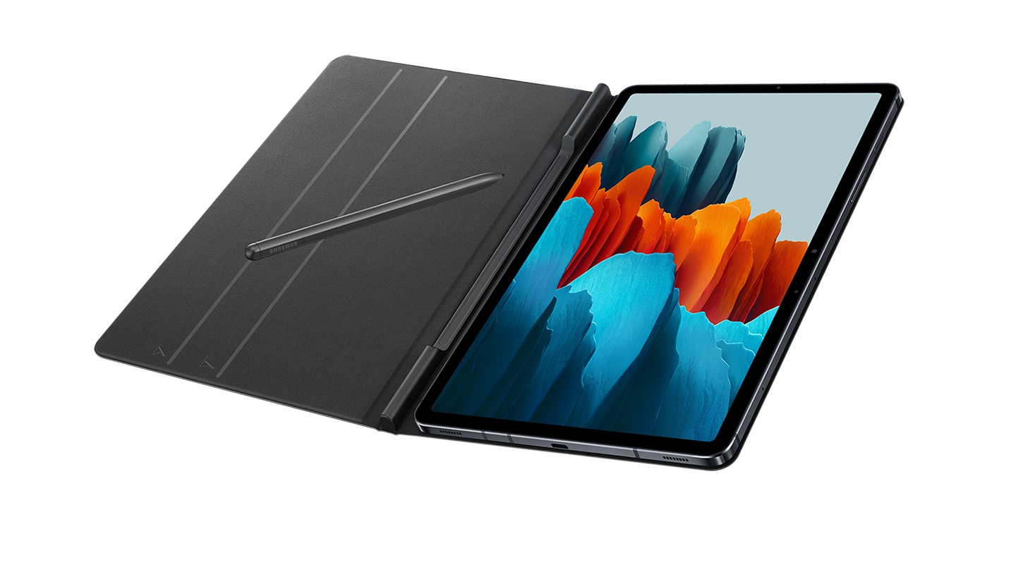 Galaxy Tab S7 Bookcover opended, showing on-screen of the tablet. and there is a pen on it.