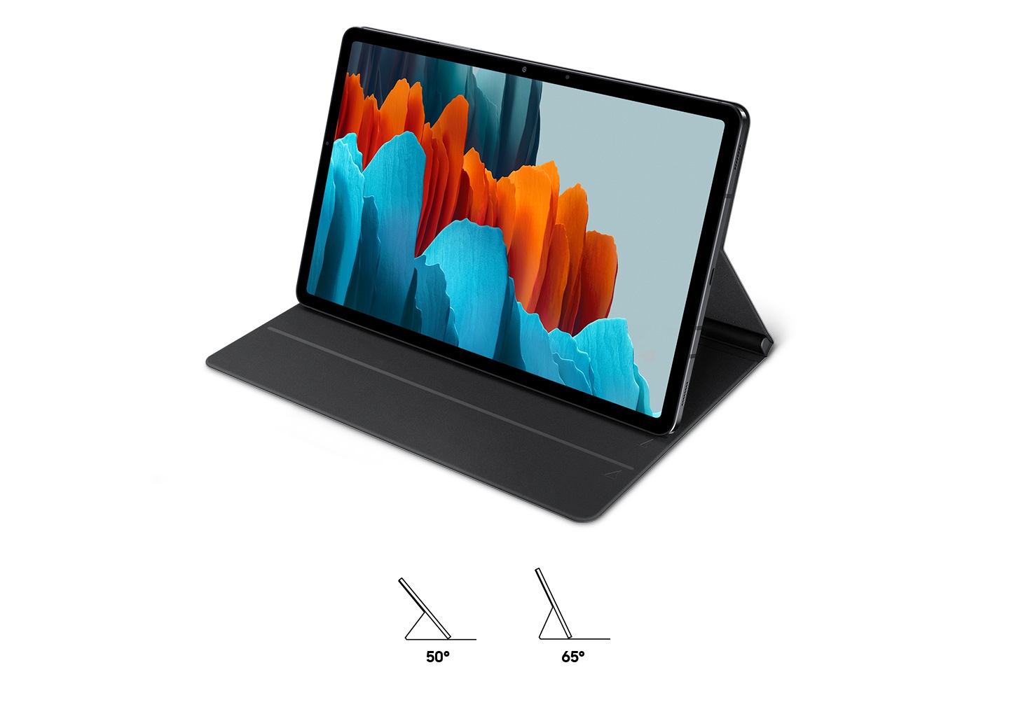 Standing view of Tab S7 Bookcover, there are two angle icons, 50 and 65 degree, for cover's stand view options.