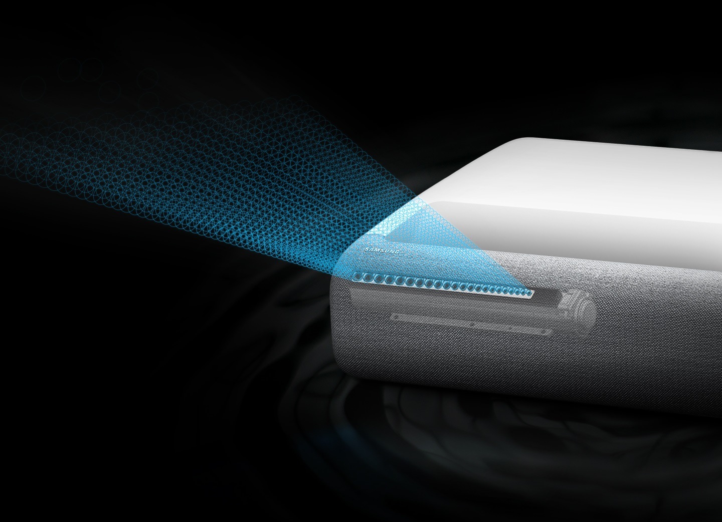Using built in 22 holes, Samsung home projector The Premiere with Acoustic Beam technology is providing deep and rich sound.