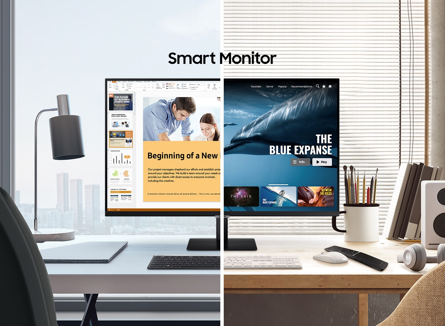 Below the title One for all, a vertical line divides two different images of a monitor. The line slides right to reveal an office desk with powerpoint on the monitor and the words Work Smart, and slides left to reveal a home desk with a movie playing on the monitor and the words Play Smart.