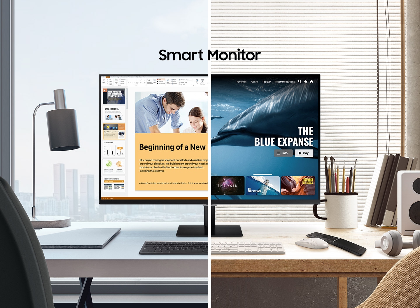 Below the title \One for all,\ a vertical line divides two different images of a monitor. The line slides right to reveal an office desk with powerpoint on the monitor and the words \Work Smart\, and slides left to reveal a home desk with a movie playing on the monitor and the words \Play Smart.\